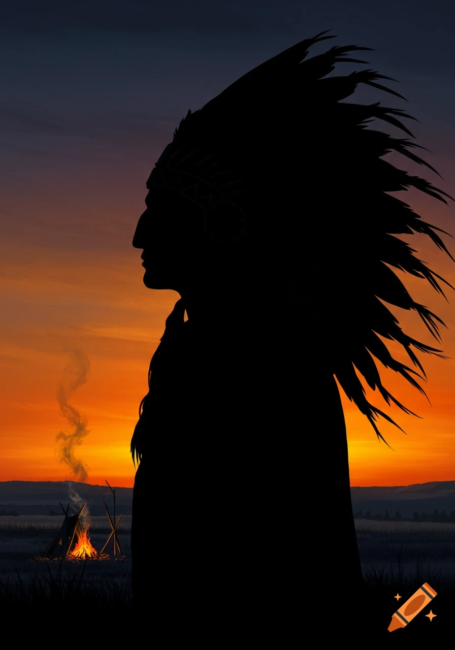 Silhouette of a Native American chief in a feathered headdress against a sunset, with a campfire and tipi.