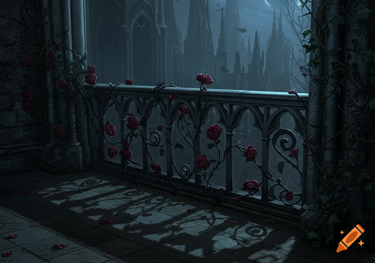 A gothic balcony with red roses on an ornate railing overlooking a dark castle under a moonlit sky.