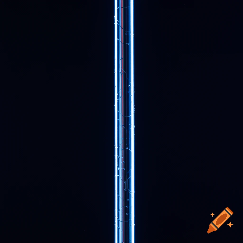 A glowing blue futuristic pole with red accents on a dark background.