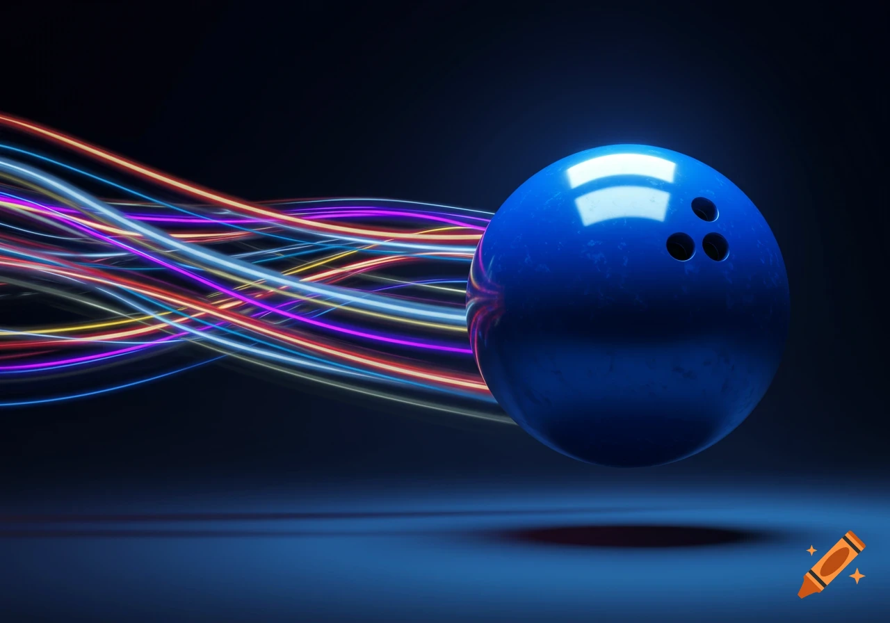 A blue bowling ball floats above a dark surface, surrounded by colorful, glowing light trails.