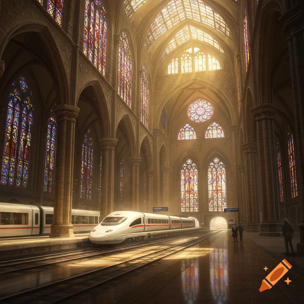 A sleek white high-speed train sits on tracks inside a grand cathedral-like train station with soaring arches and vibrant stained glass windows, bathed in sunlight.