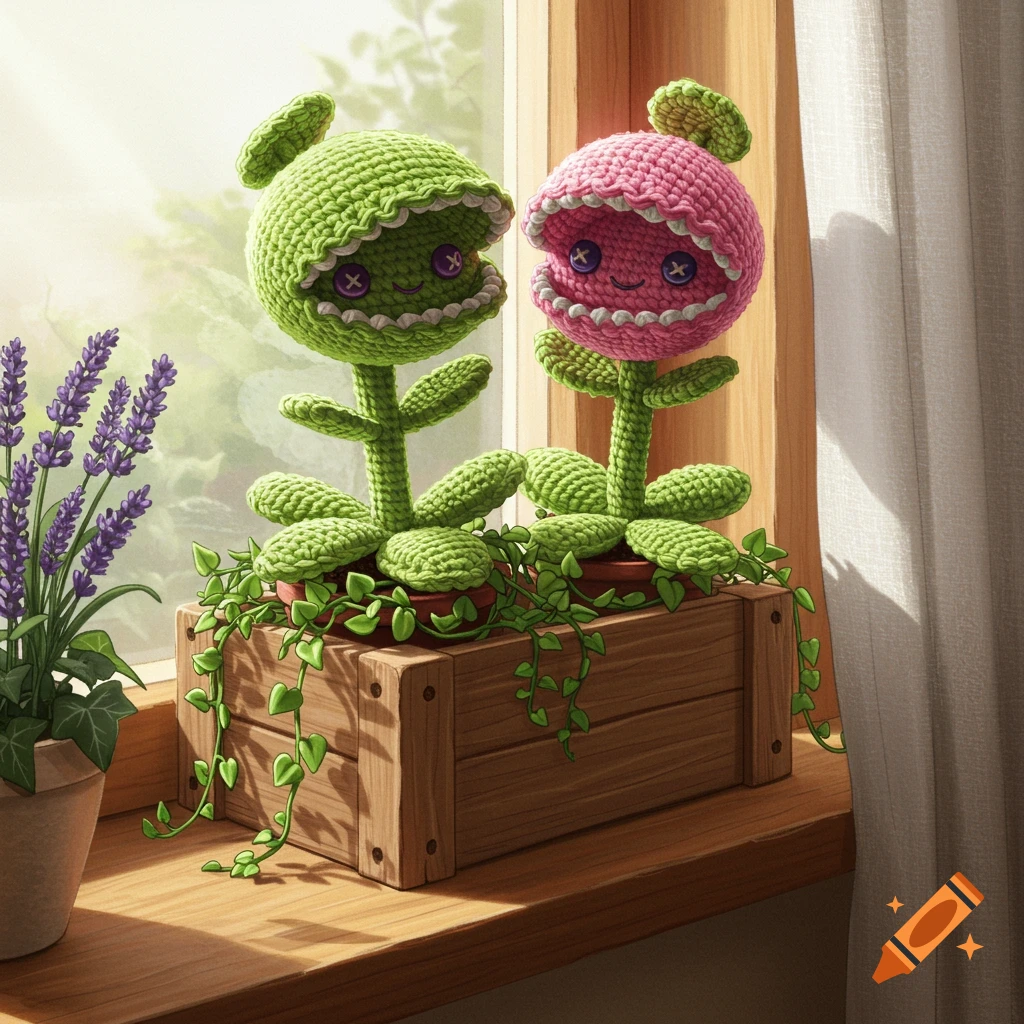 Two crocheted Venus flytrap plants, one green and one pink, in a wooden planter on a sunny windowsill next to a lavender plant.
