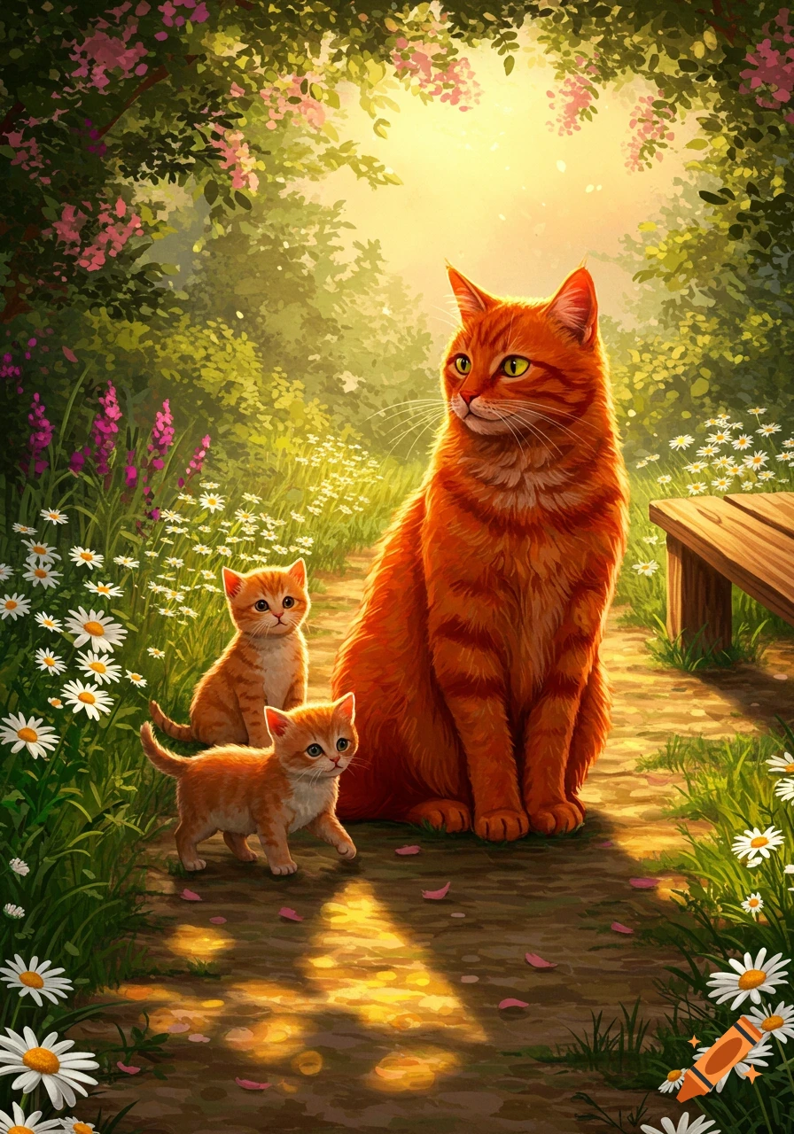 Vibrant illustration of a ginger cat and two kittens on a sunlit garden path, surrounded by green foliage and white daisies.