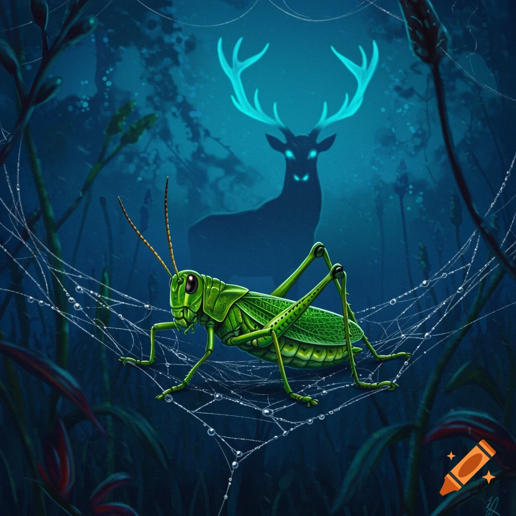 A vibrant green grasshopper on a dewy spiderweb in a dark forest, with a glowing blue-antlered deer silhouette. Digital art.
