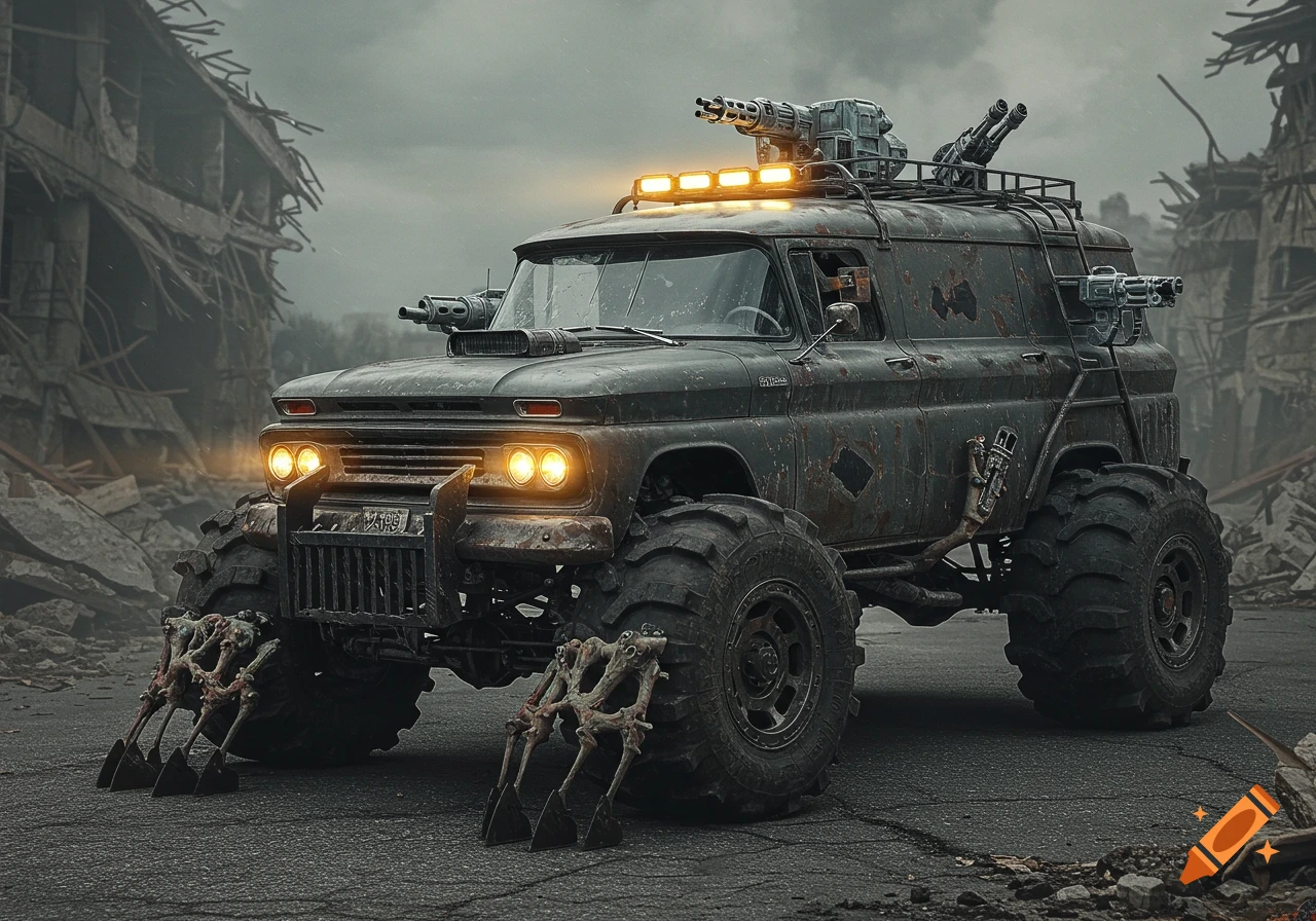 A heavily armored and weaponized vintage Chevy panel van, with large monster truck tires and skeletal claws, stands in a desolate, ruined landscape under a cloudy sky. The truck's headlights glow orange, and multiple machine guns are mounted on its roof and sides.