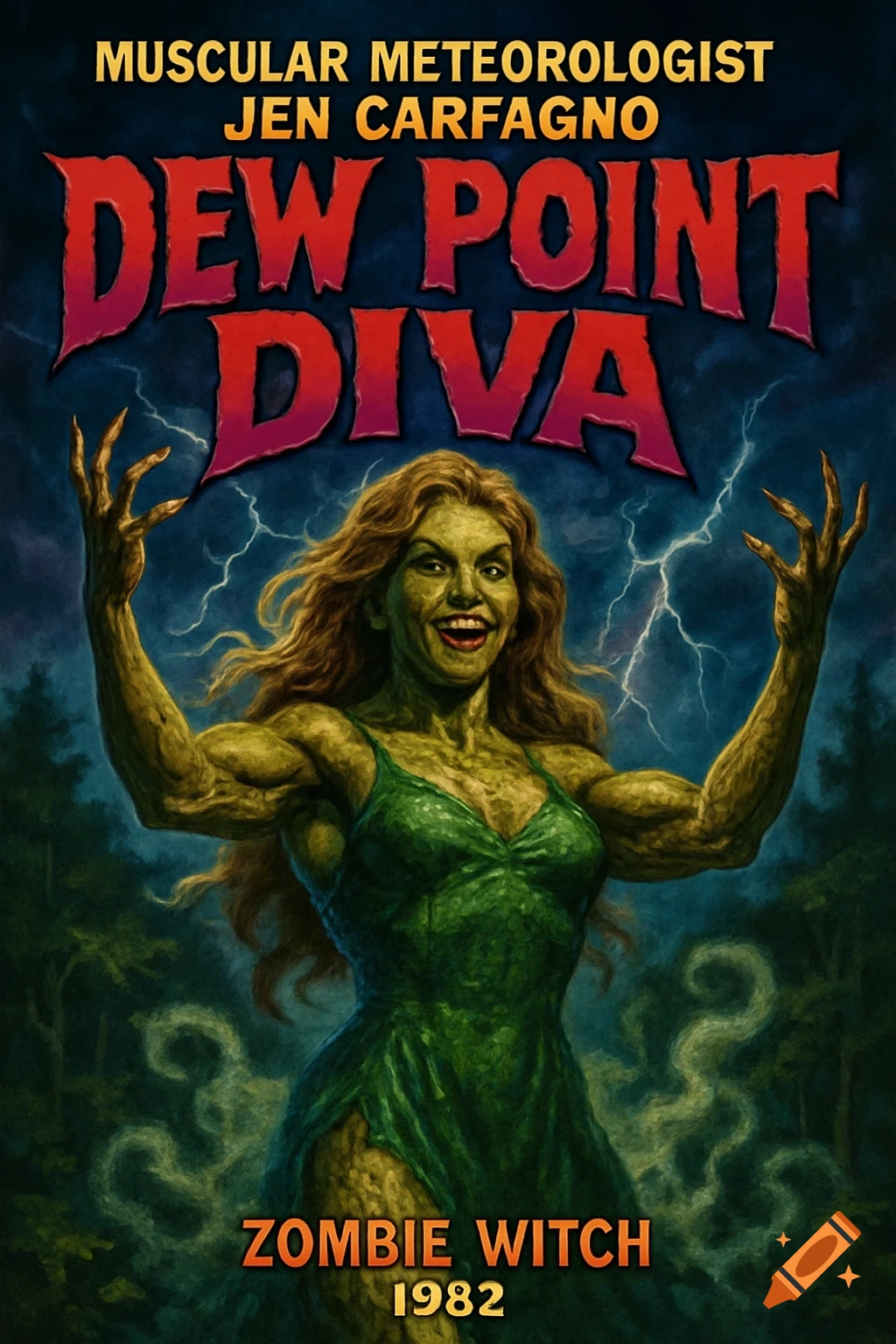 Vintage horror movie poster for 'Dew Point Diva' featuring a muscular, green-skinned zombie witch under lightning.