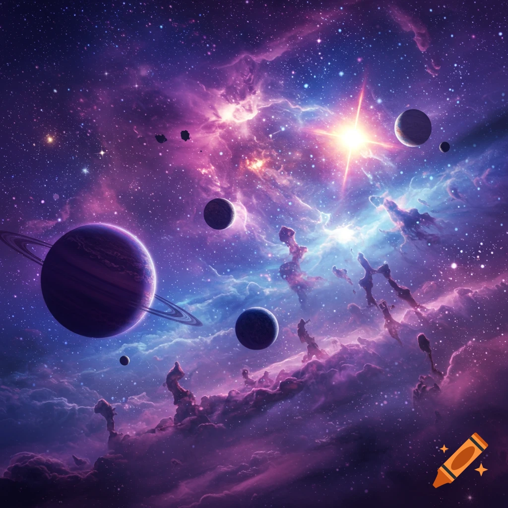 Vibrant space scene with purple and blue nebulae, bright stars, and multiple planets, including a ringed planet.
