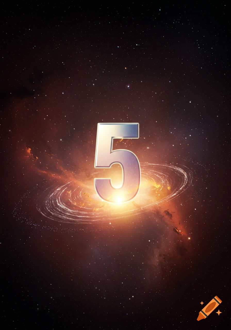 A shiny metallic number 5 floating in a vibrant galaxy with stars and a bright nebula.