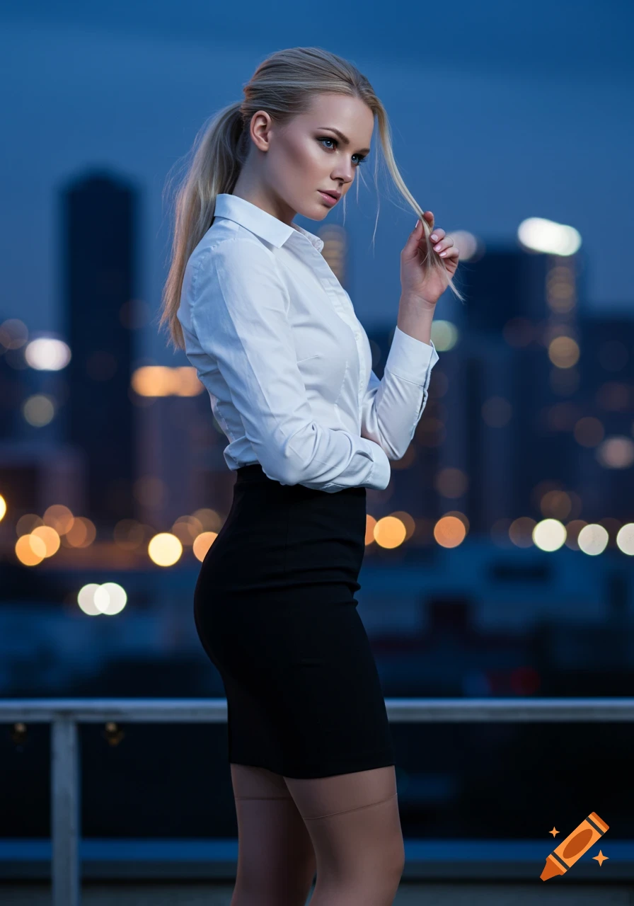 A photorealistic portrait of a blonde woman in a white shirt and black skirt standing on a rooftop at dusk with a city skyline.