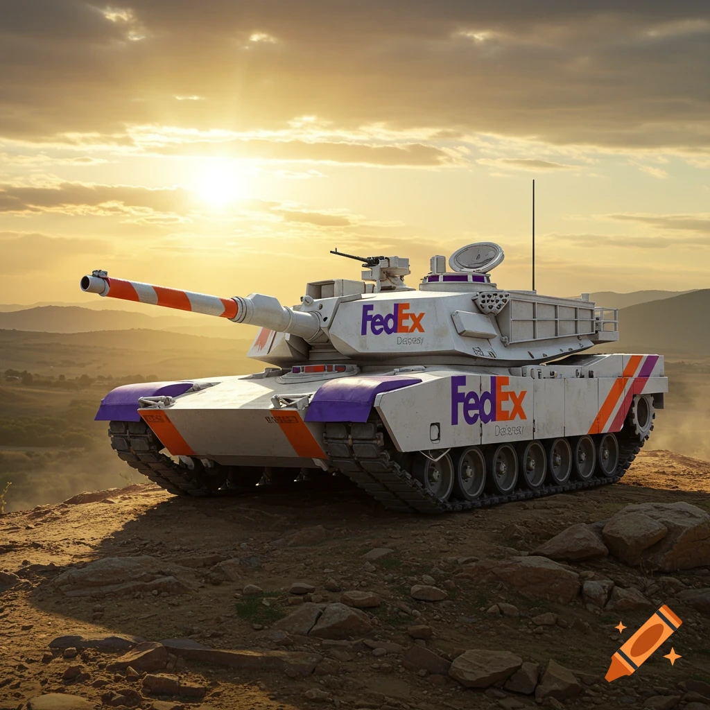 A photorealistic M1 tank painted white and purple with orange stripes, resembling a FedEx truck, on a rocky hill under a dramatic sunset sky.