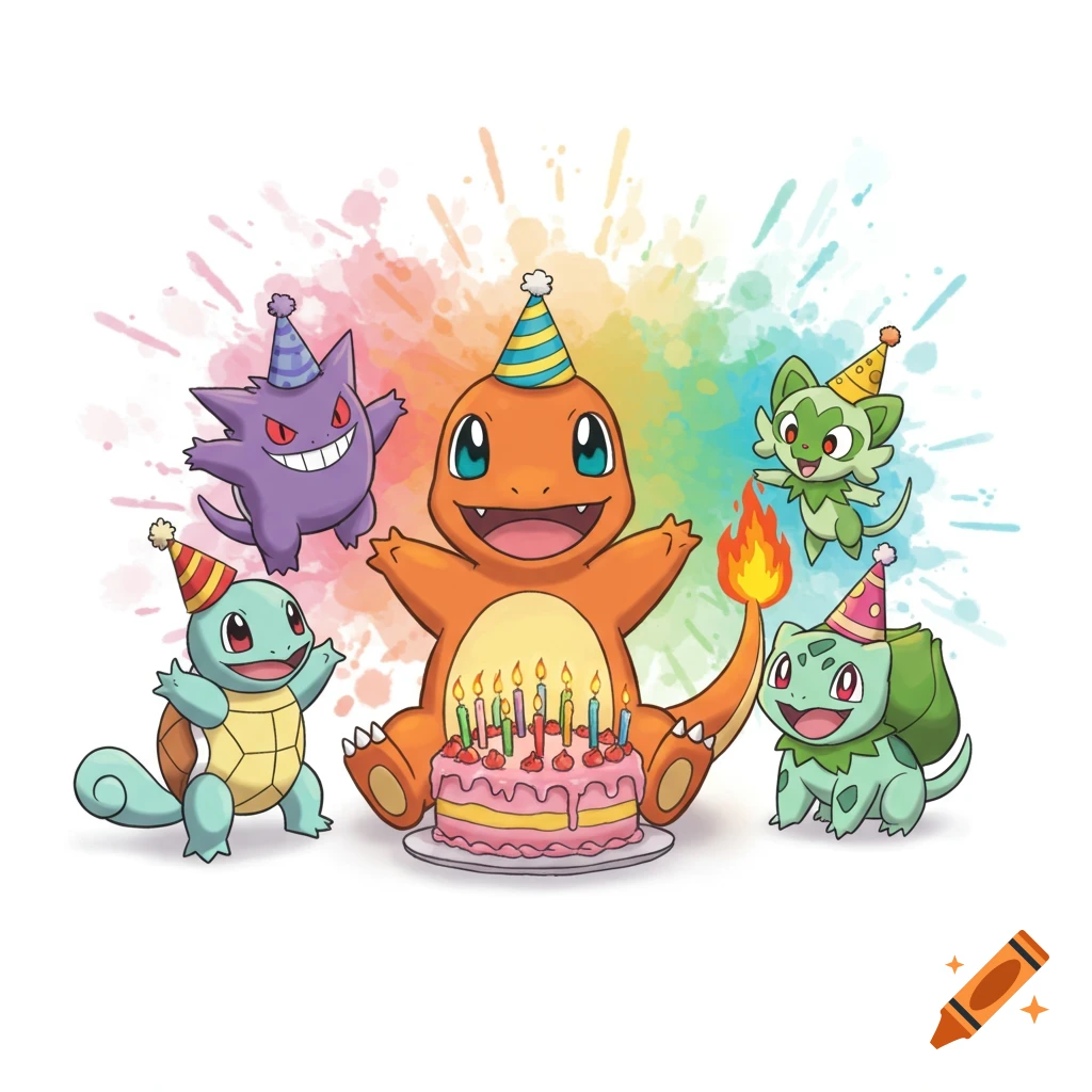 Cartoon image of Charmander with a birthday cake, surrounded by Squirtle, Gengar, Bulbasaur, and Sprigatito, all wearing party hats on a colorful splash background.