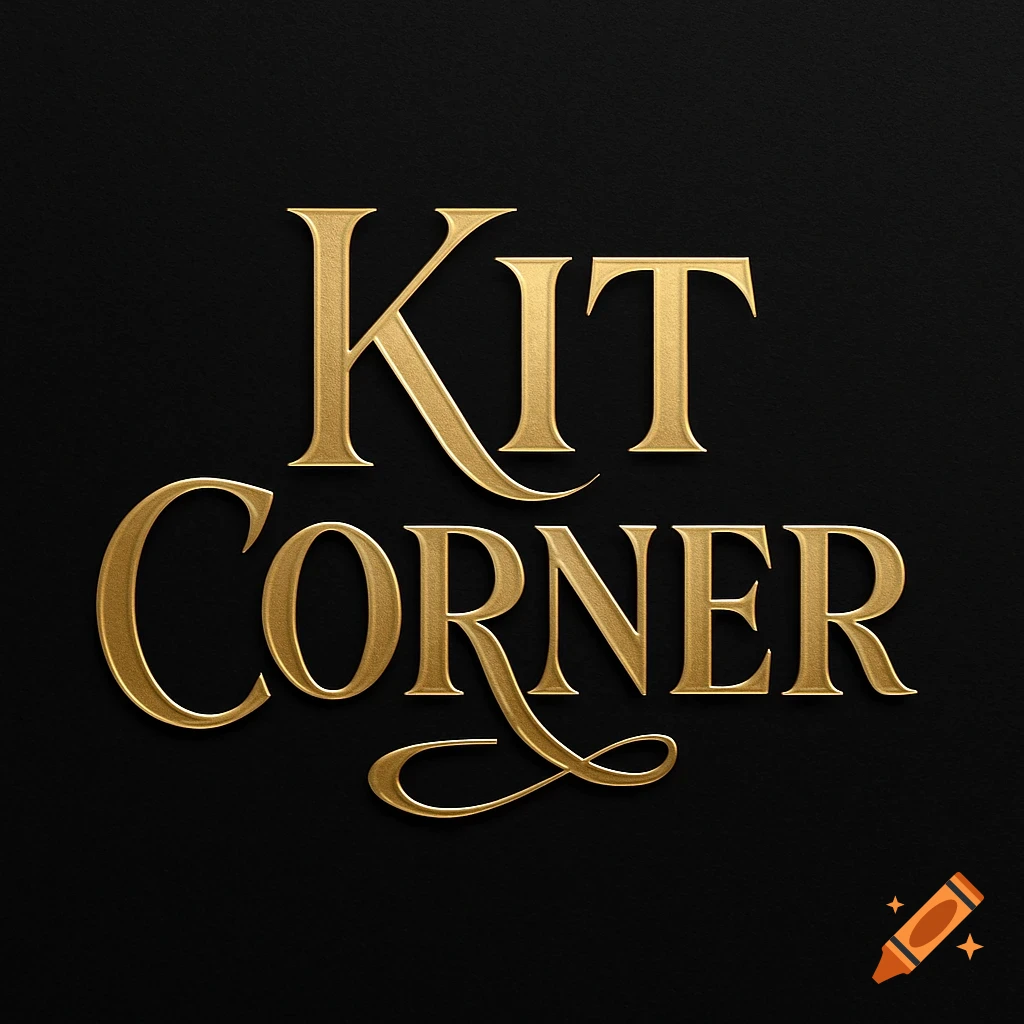 A gold metallic text logo for "KIT CORNER" on a black background. The text is stylized with a serif font and flourishes.