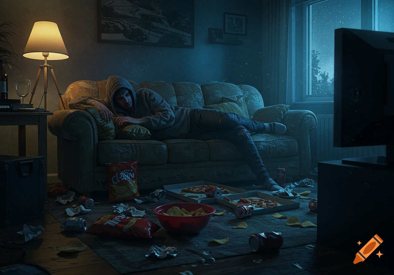 A young man in a hoodie rests on a messy couch in a dim, cluttered room with junk food and a TV.