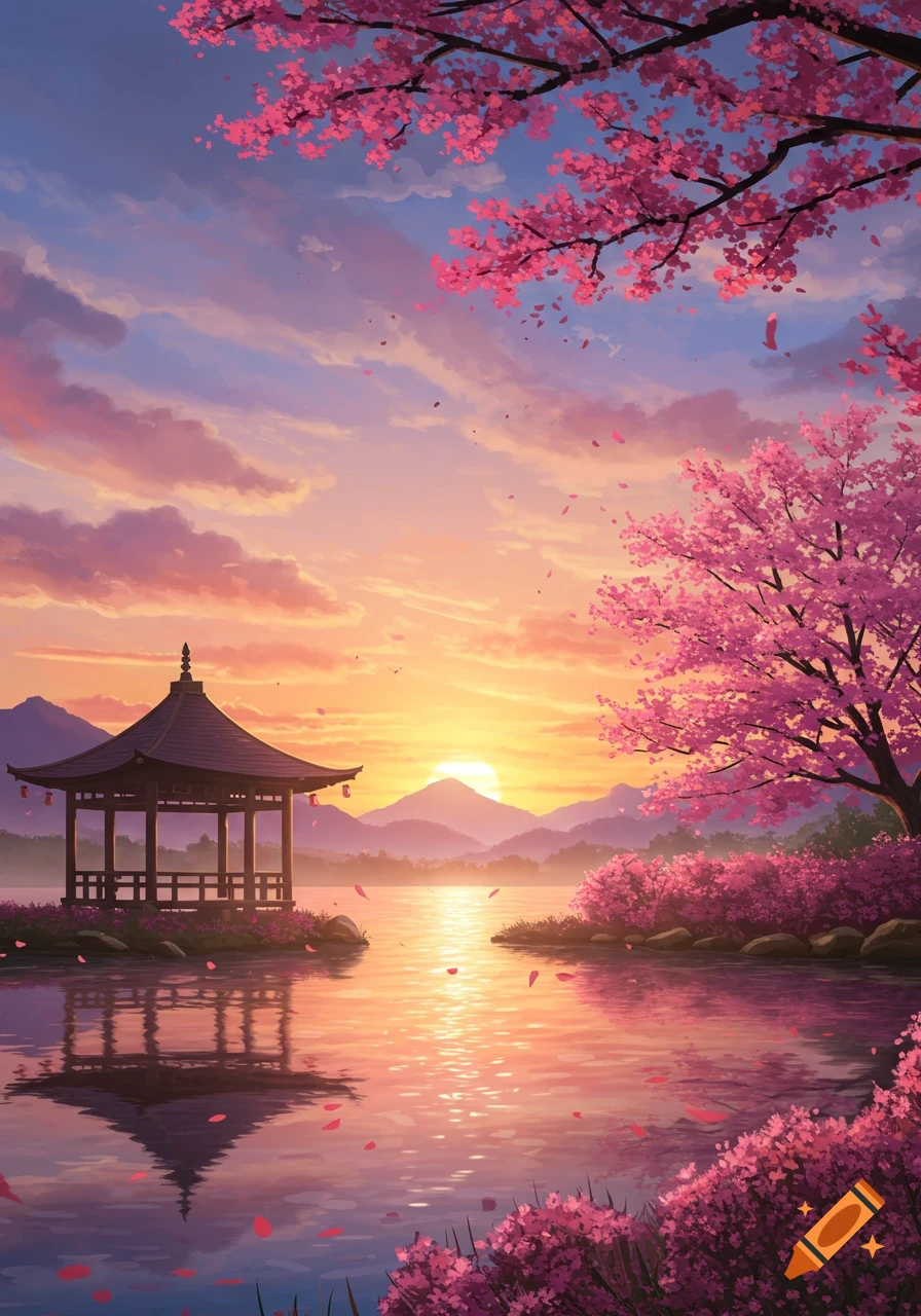 A serene anime-style landscape with a traditional Japanese gazebo by a lake under a sunset sky, framed by pink cherry blossoms.