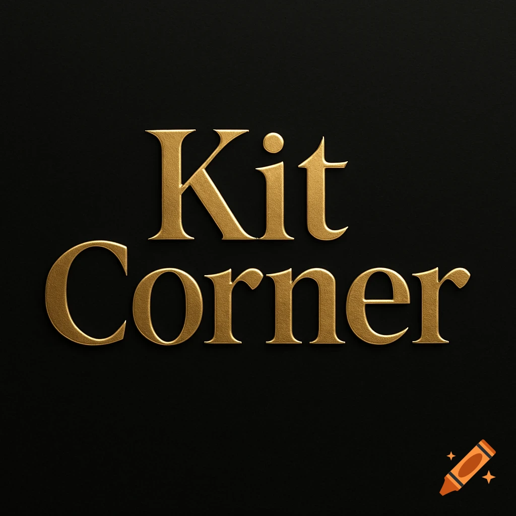 A bold gold logo with textured lettering for 'Kit Corner' on a black background.