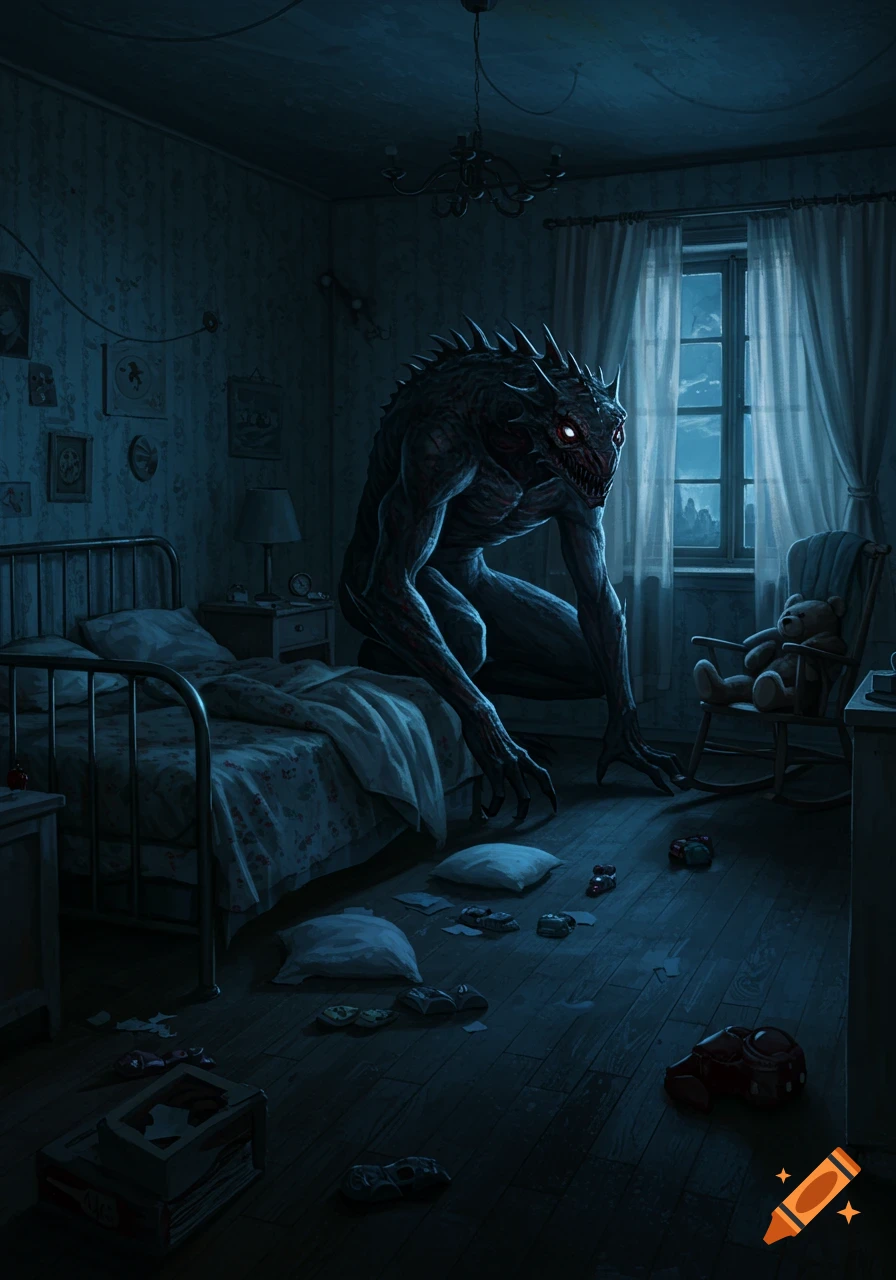 A large, dark, reptilian monster with glowing red eyes stands over a bed in a dimly lit child's bedroom at night.