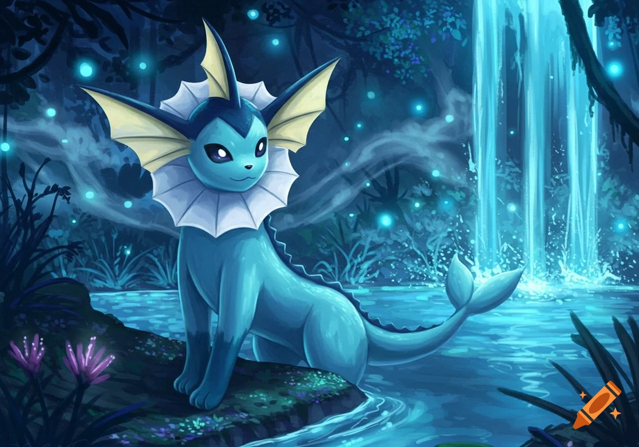 A blue Vaporeon Pokémon stands by a stream in a mystical forest with glowing blue orbs and a waterfall.