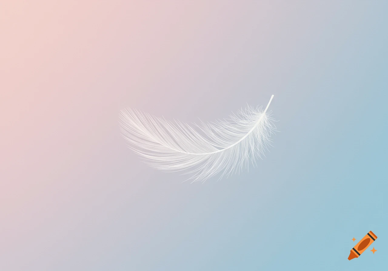 A white feather floats against a soft pastel pink and blue gradient background.