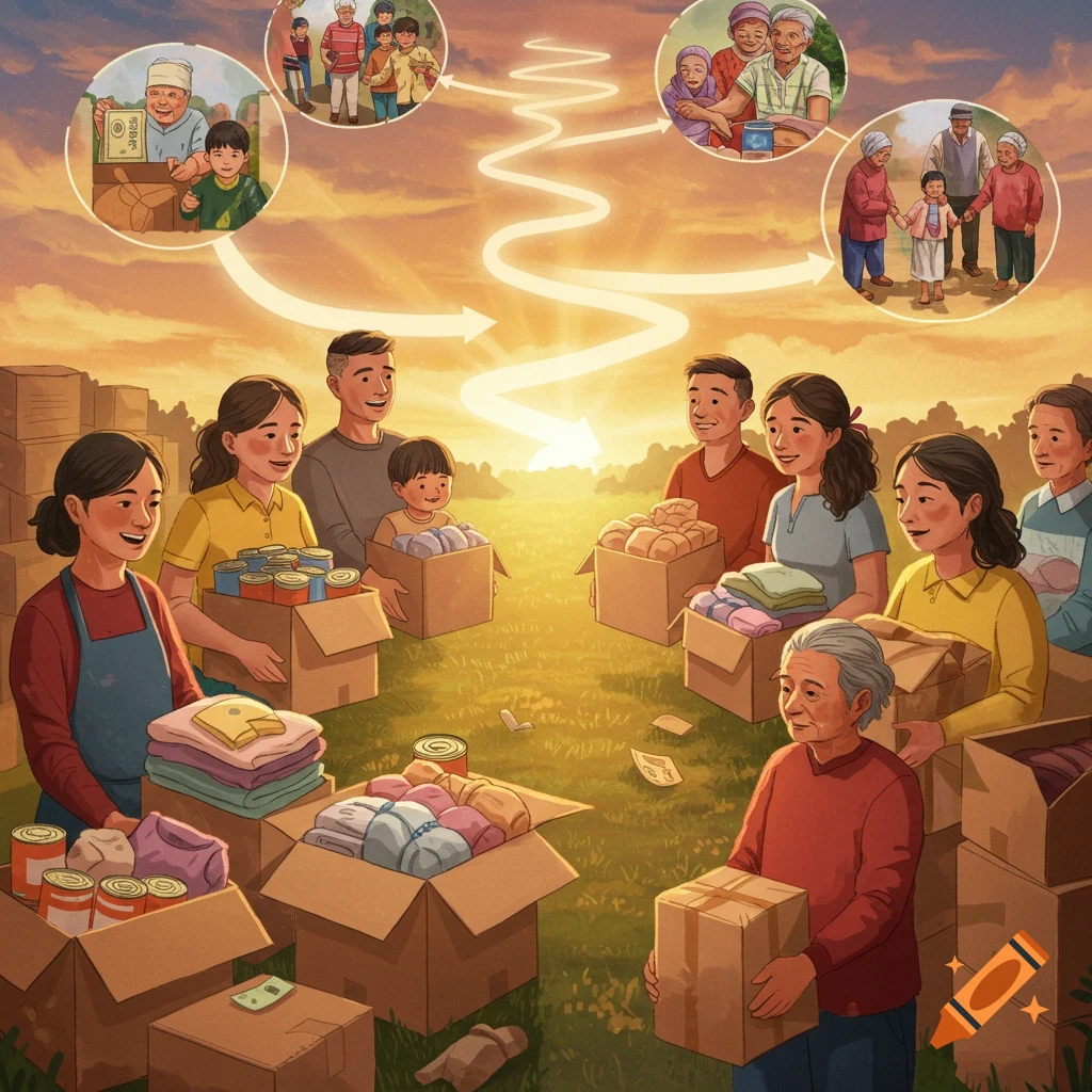 People gather and distribute donation boxes in a sunny field, with circular vignettes showing the cycle of giving.