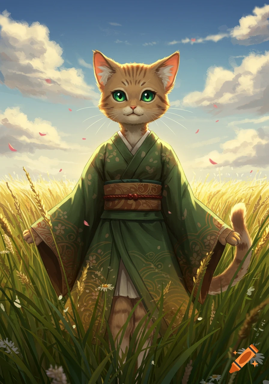 An anime style cat girl with green eyes wearing a green and brown kimono stands in a golden field under a blue sky.