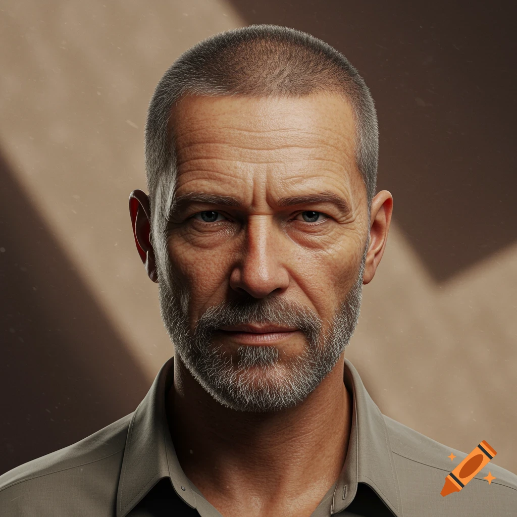 Photorealistic close-up portrait of a serious middle-aged man with short graying hair and a beard, looking directly forward.