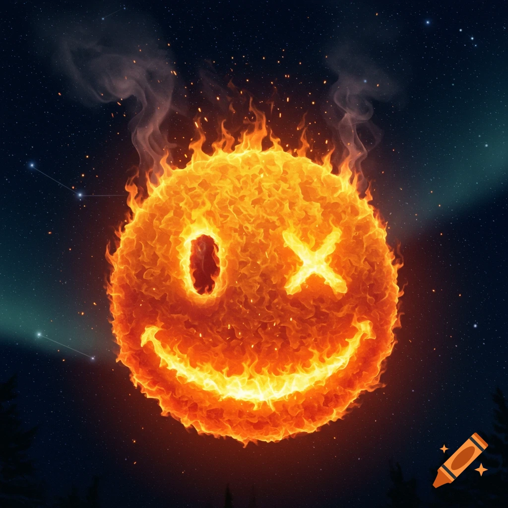 A bright orange, fiery smiley face with an X for one eye glows in a dark starry night sky.