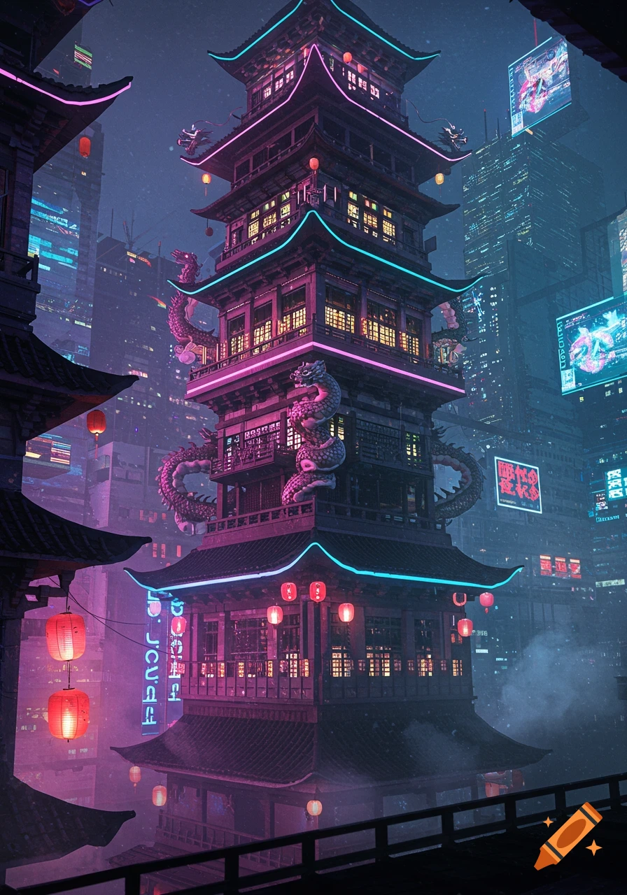 A towering, ornate pagoda-style building in a cyberpunk city, illuminated with vibrant pink and blue neon lights and adorned with large dragon sculptures. Traditional red lanterns hang from its eaves, with other futuristic buildings in the background.