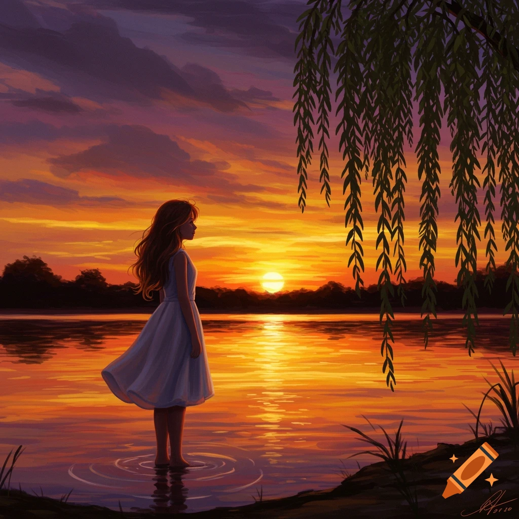 A lone girl stands in a lake, gazing at a vibrant orange and purple sunset over the water, framed by a weeping willow tree.