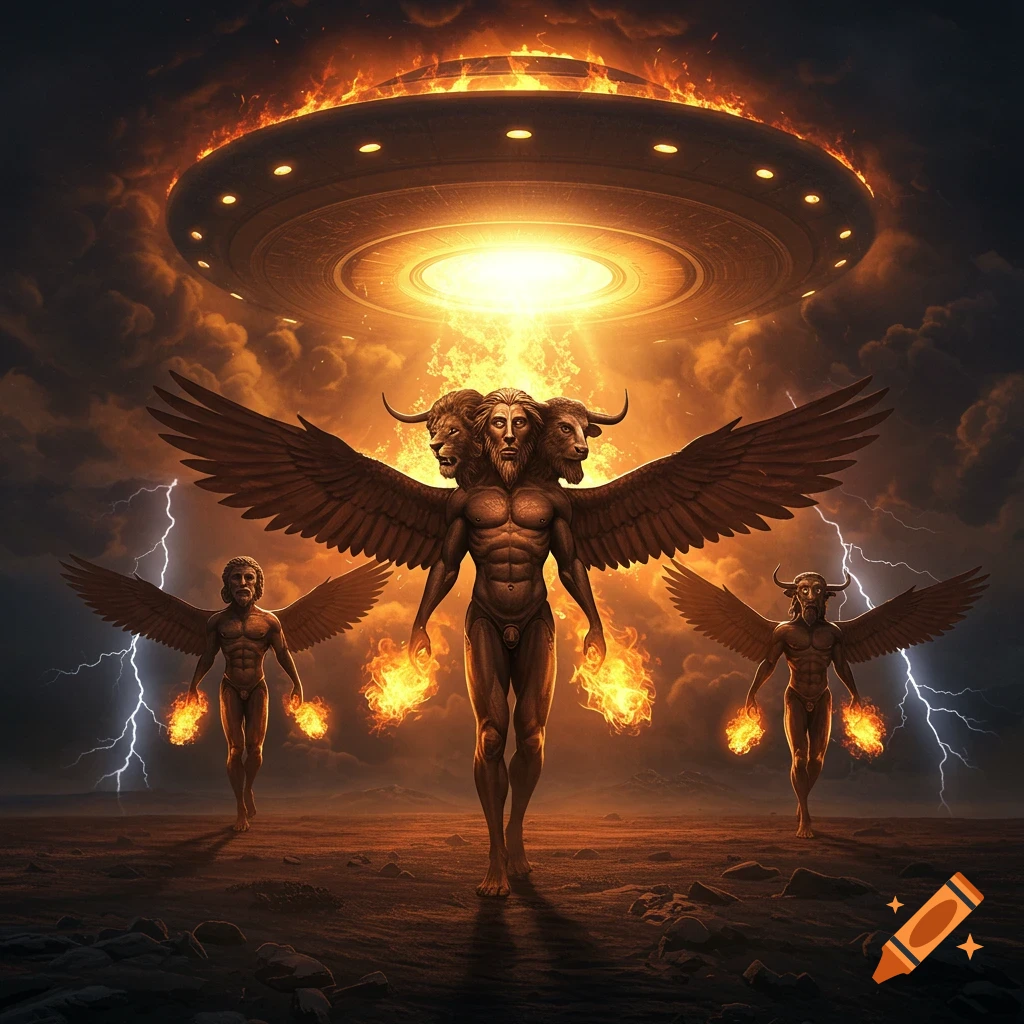 A large winged, multi-headed figure and two smaller ones walk beneath a fiery UFO in a desolate, stormy landscape.
