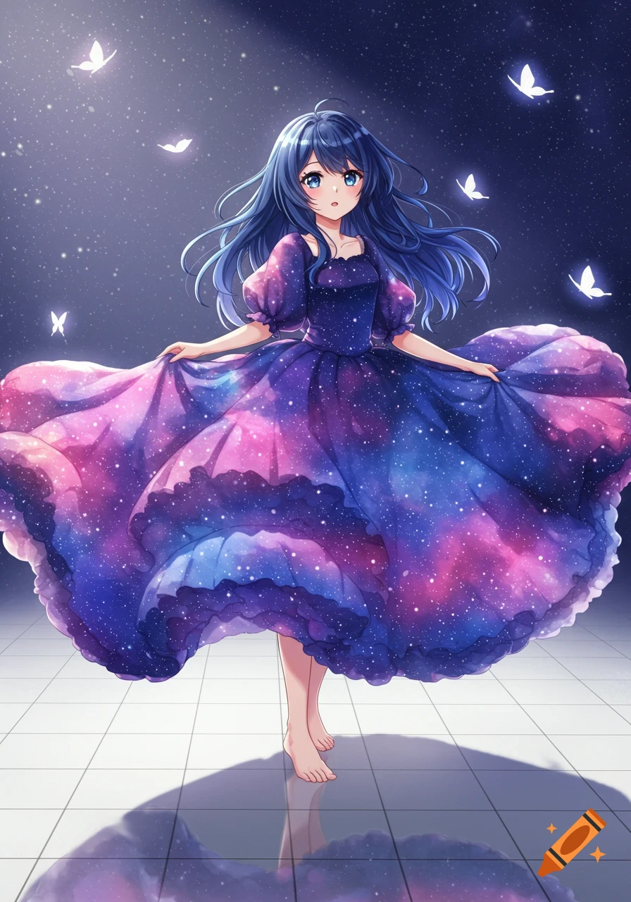 An anime girl with blue hair in a galaxy-print dress poses under glowing butterflies.