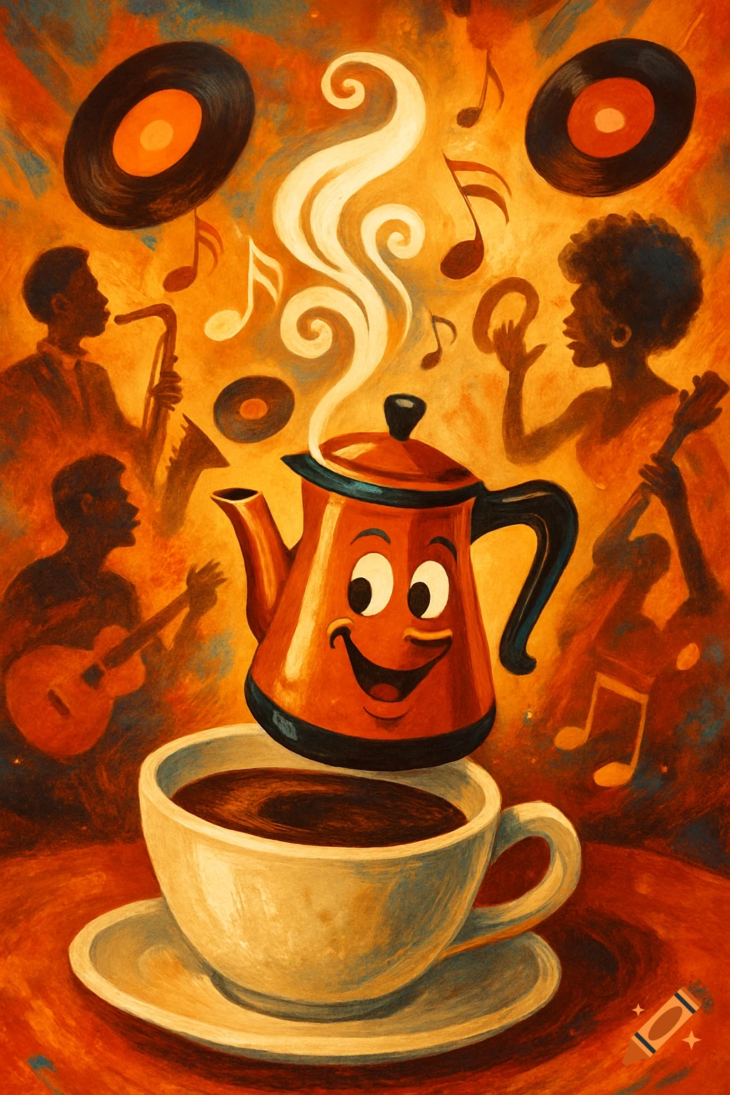 A happy coffee pot over a cup, with musical notes, vinyl records, and silhouetted musicians in a warm, painterly style.