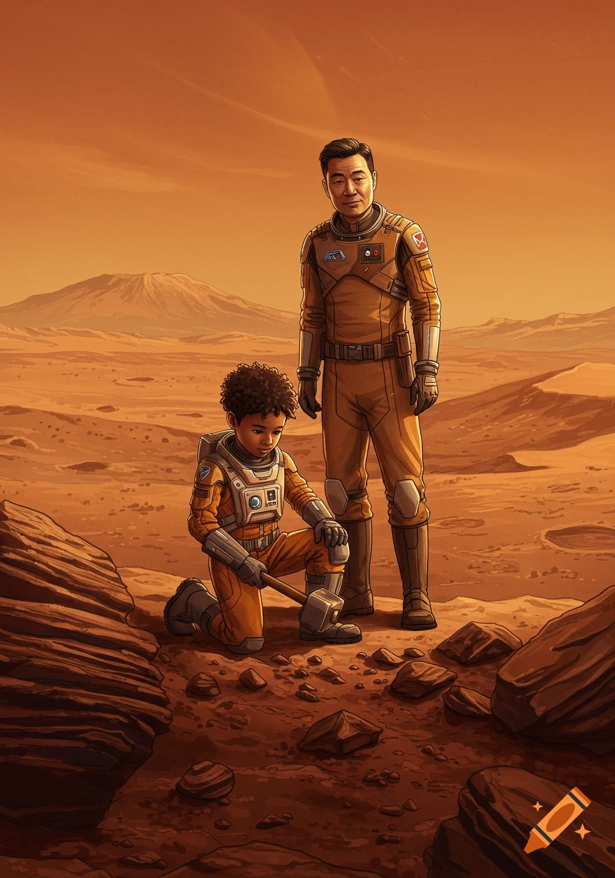 An adult and a child in orange astronaut suits explore the reddish Martian landscape with mountains in the background. The child kneels, using a rock hammer.