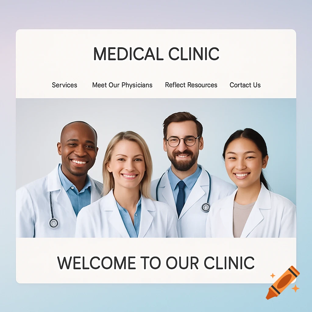 Four smiling medical professionals on a website banner for a medical clinic, featuring text 'MEDICAL CLINIC' and 'WELCOME TO OUR CLINIC'.