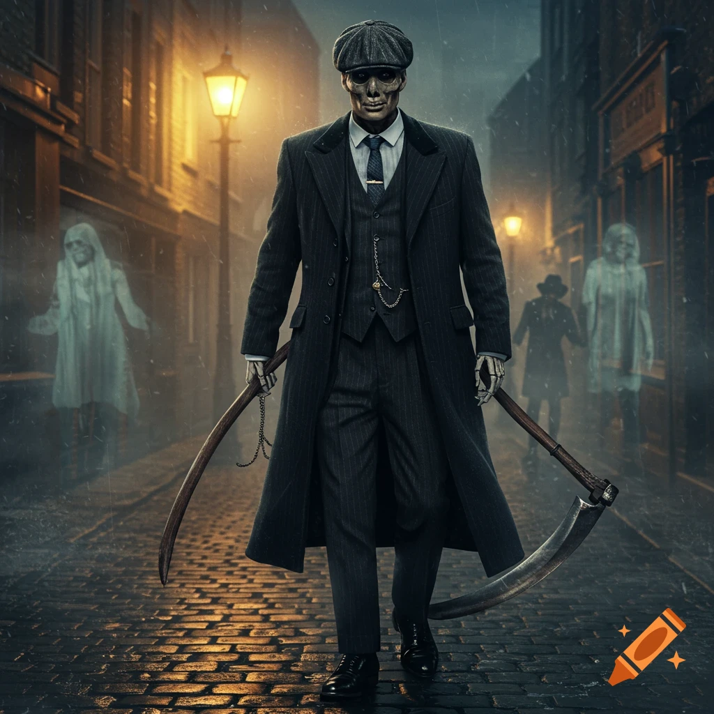 A skeletal figure in a pinstriped suit and flat cap, holding two scythes, walks down a rainy cobblestone street at night with ghostly figures.