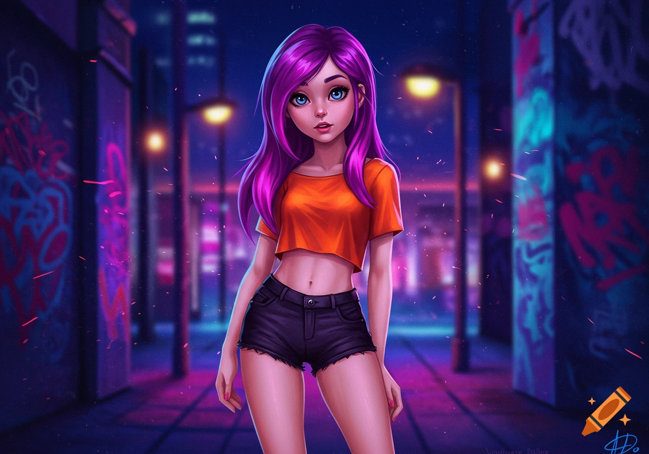 Stylized girl with purple hair, orange crop top, and black shorts standing in a neon-lit urban alley with graffiti.