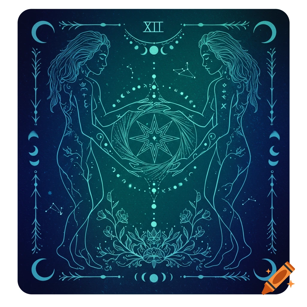 Two ethereal teal-outlined figures face each other, hands connected around a star on a dark blue celestial background with moons and constellations.