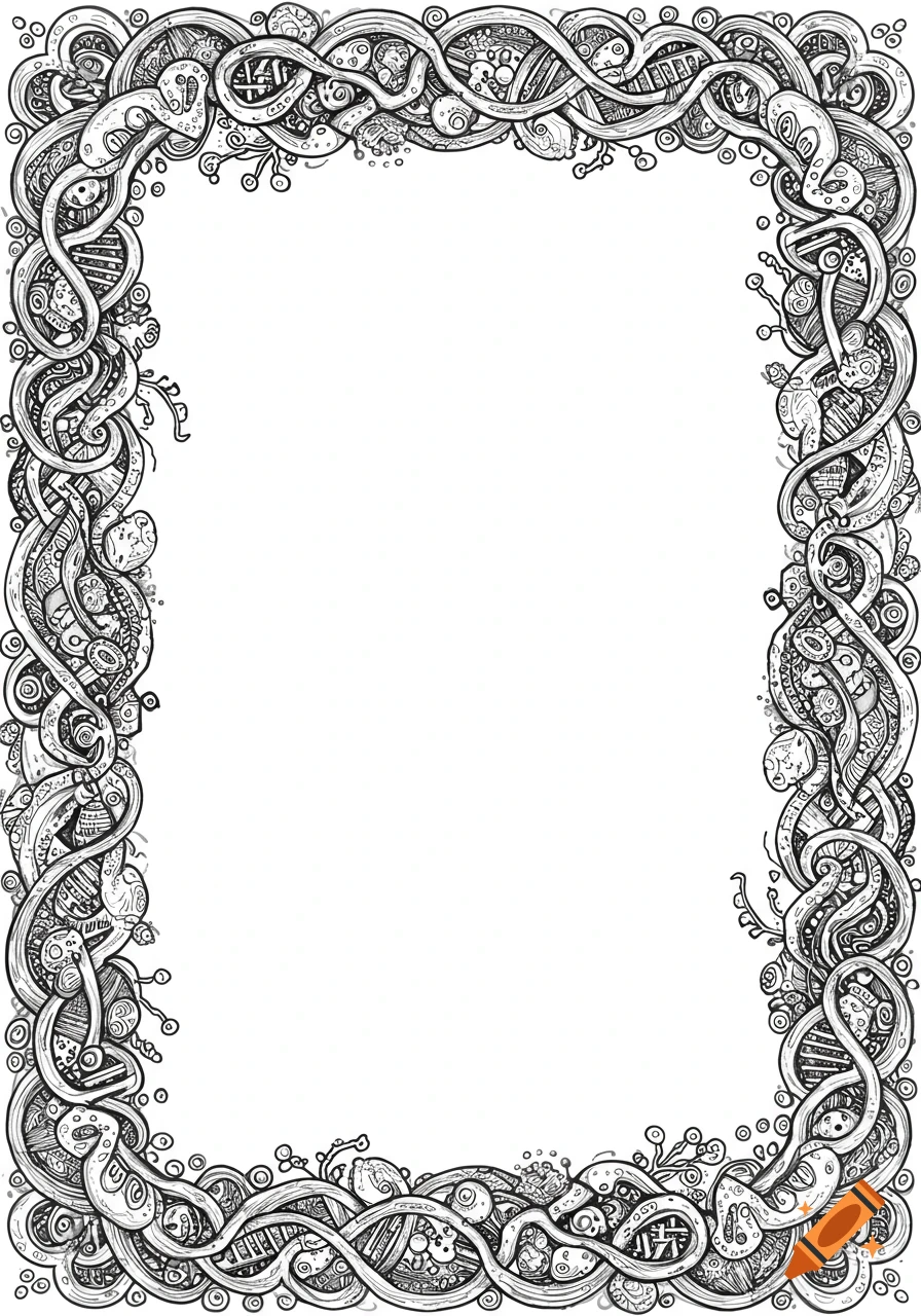 Intricate black and white doodle border with organic, science-inspired patterns, framing a white space.
