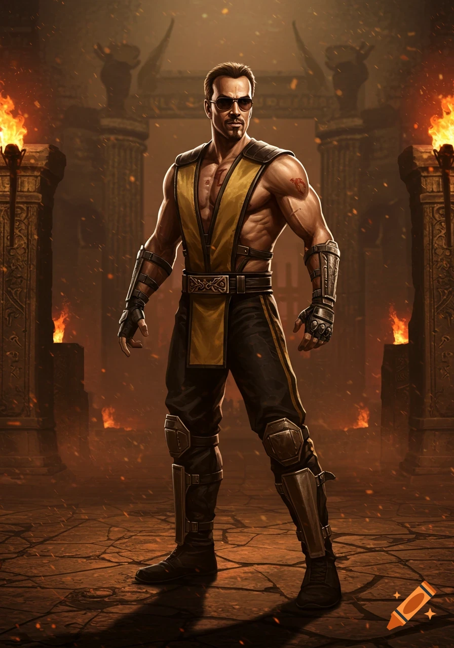 A muscular man resembling Johnny Cage from Mortal Kombat, wearing sunglasses and a yellow and black fighting costume, stands in a fiery temple.