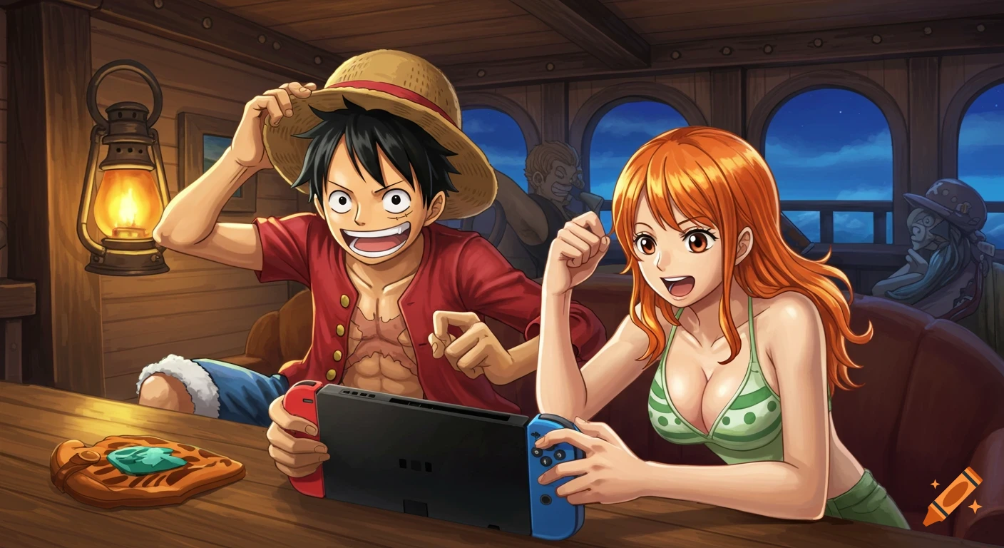 Anime characters Luffy and Nami play a video game on a Nintendo Switch inside a ship cabin.