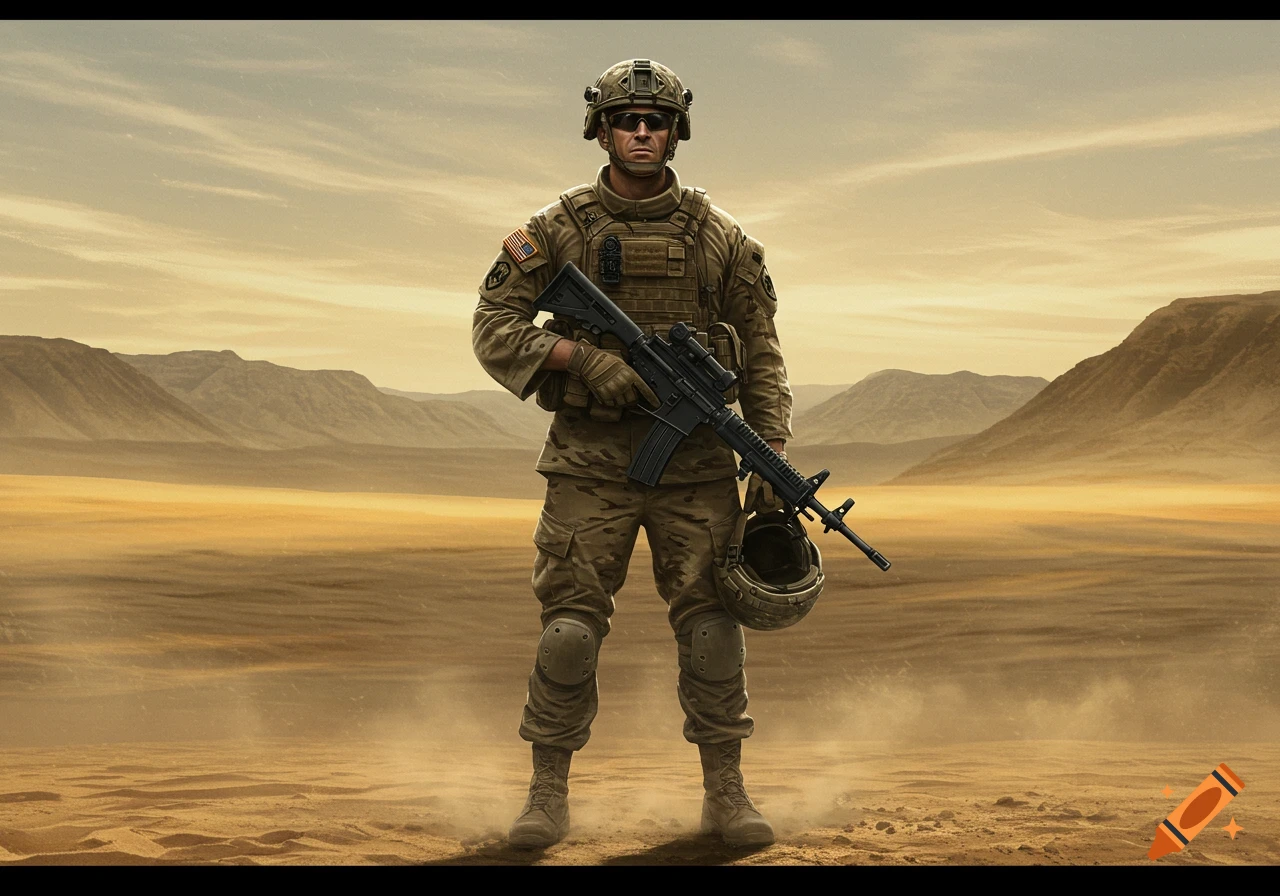 A photorealistic soldier in camouflage uniform stands holding a rifle in a vast desert landscape with mountains in the background.