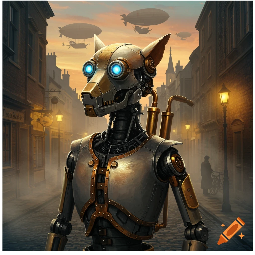 A steampunk robot dog with glowing blue eyes stands in a foggy Victorian-era city street with airships in the sky.