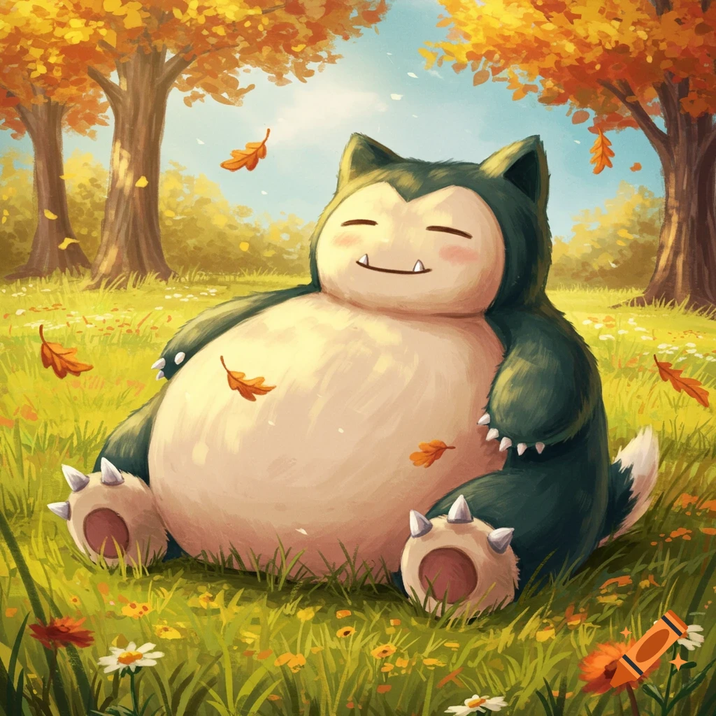 Illustrated Snorlax character sitting in a vibrant autumn field with falling leaves and trees.
