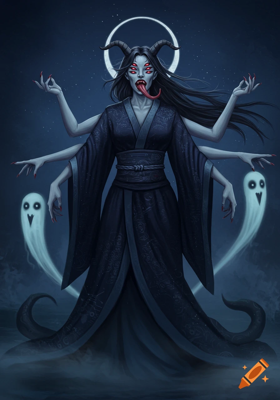 A demonic woman with six red eyes, horns, multiple arms, and a long tongue, wearing a dark kimono. Two white ghosts float beside her.