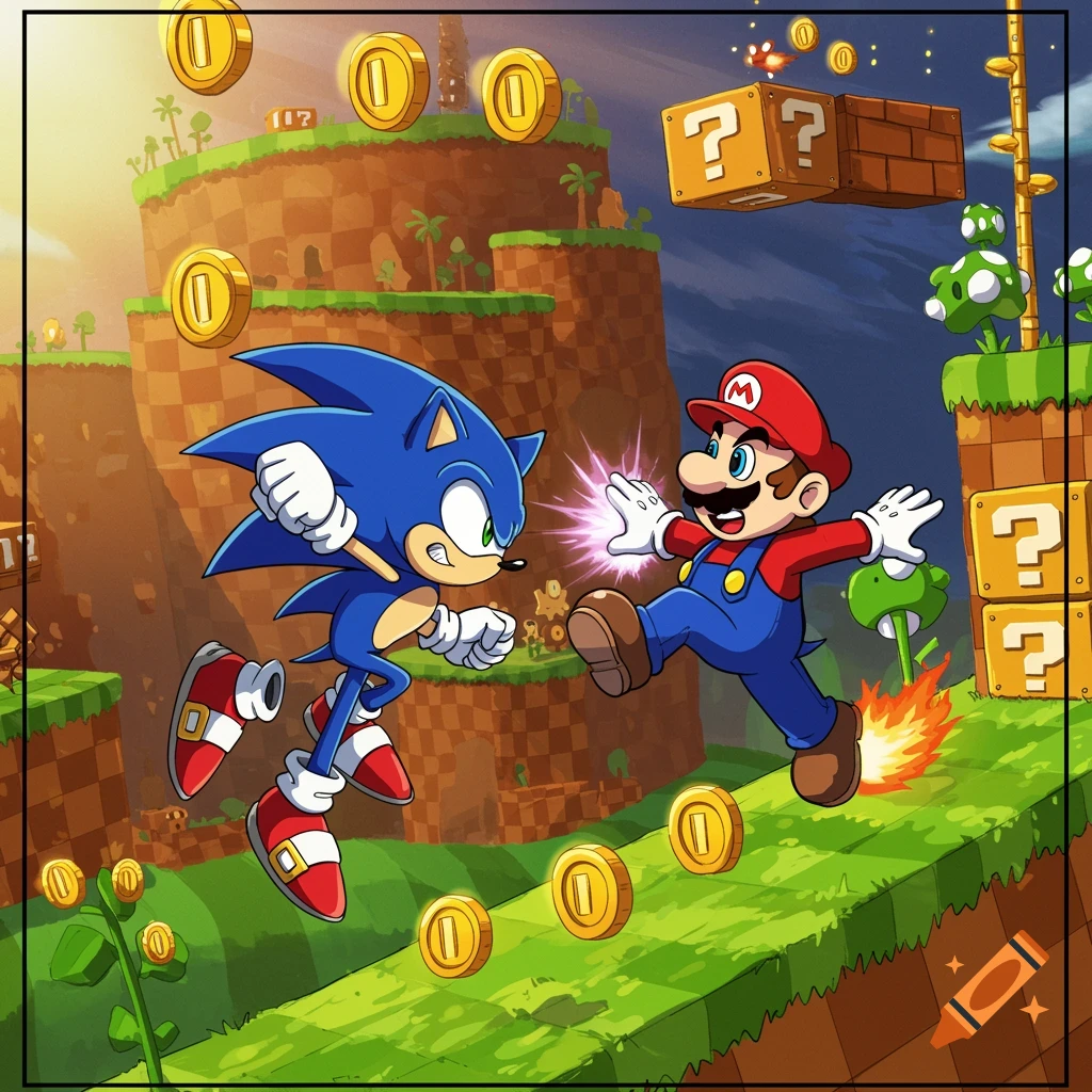 Sonic the Hedgehog and Super Mario facing off in a vibrant, cartoonish video game landscape with coins and question blocks.