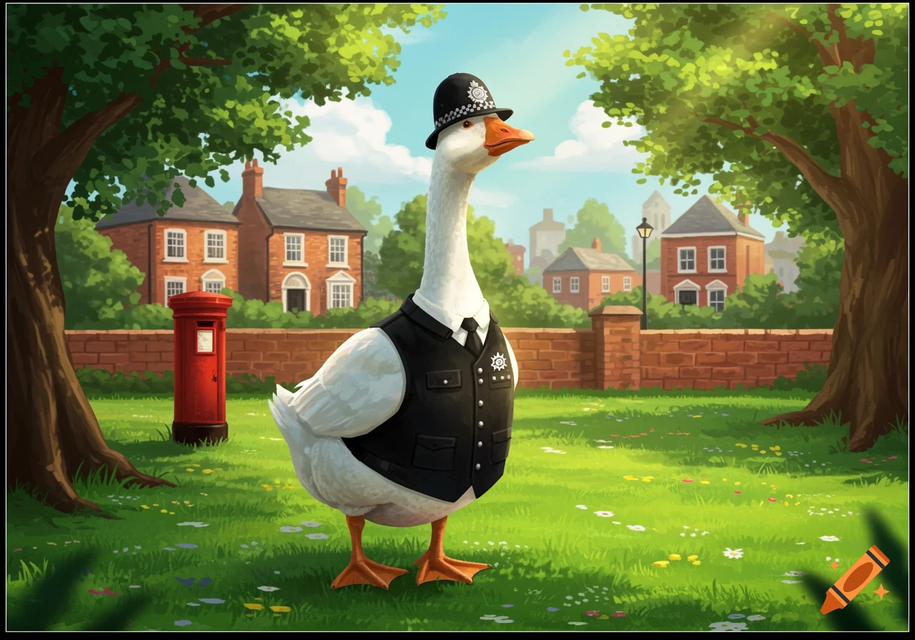 A cartoon goose dressed as a British police officer stands in a park with a red post box and houses in the background.