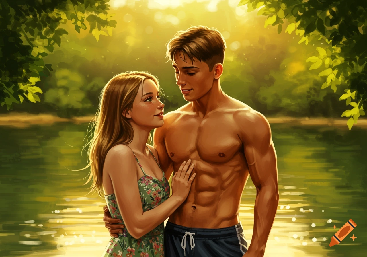 Illustrated couple, a girl in a floral dress and a shirtless bodybuilder boy, standing in golden sunlight by a lake in a forest.