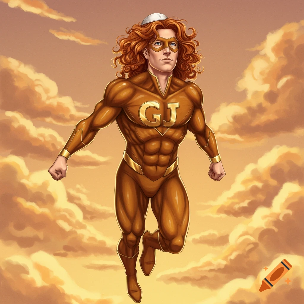 A male superhero with red curly hair and a kippah, wearing a gold suit with 'GJ' on the chest, flies through a cloudy, golden sky in a comic art style.