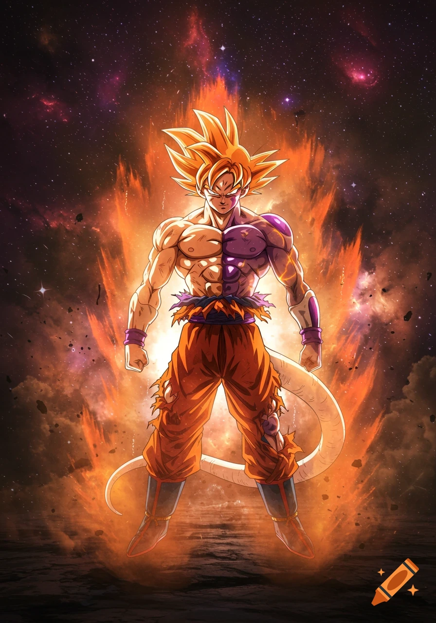 A powerful anime character fusion of Goku and Frieza stands amidst an orange energy aura and a starry galaxy background.