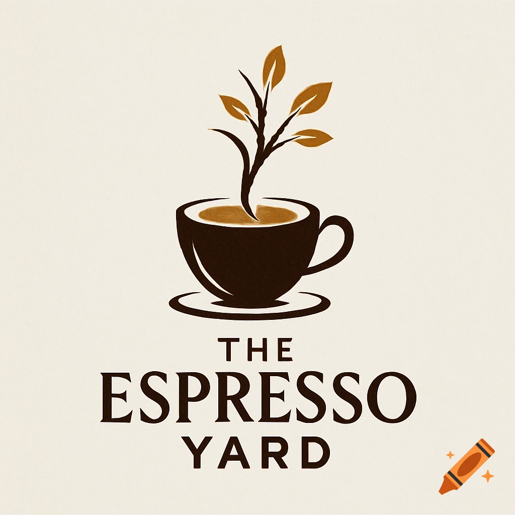 Logo featuring a coffee cup with a plant sprouting from it, above the text 'THE ESPRESSO YARD'.