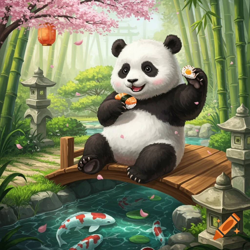 A cute illustrated panda sits on a wooden bridge in a Japanese garden with cherry blossoms and bamboo, happily eating sushi.